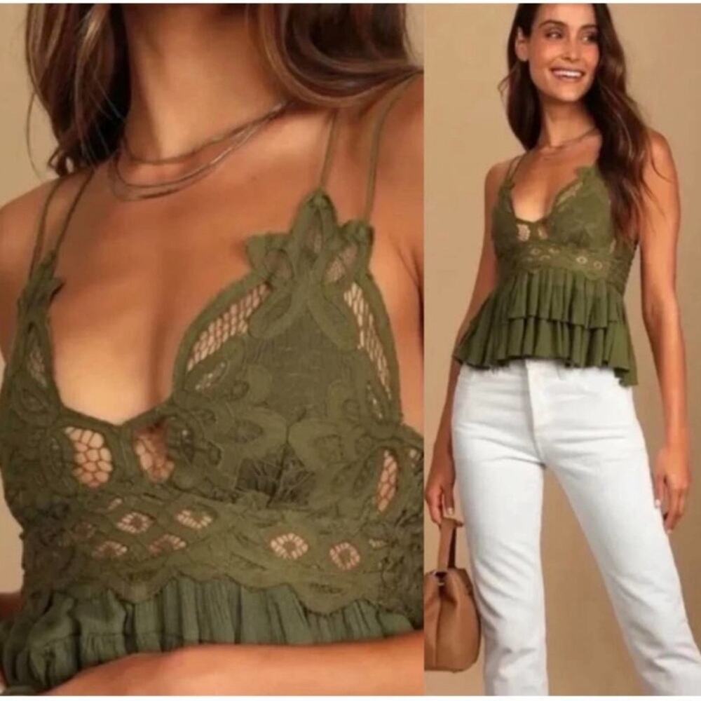 FREE PEOPLE Adella Ruffled Cami in Green Olive Sparrow Size M